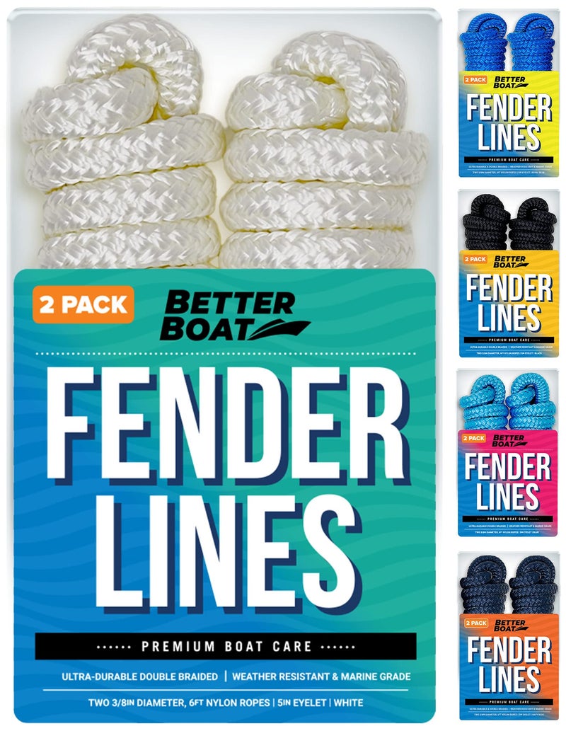 Better Boat Boat Fender Lines, 3/8 Inch Double Braided Nylon Rope, 6 Ft with Loop, 2 Pack, White, for Buoy, Jet Ski Mooring, Docking & Small Boat Bumpers - Image 1